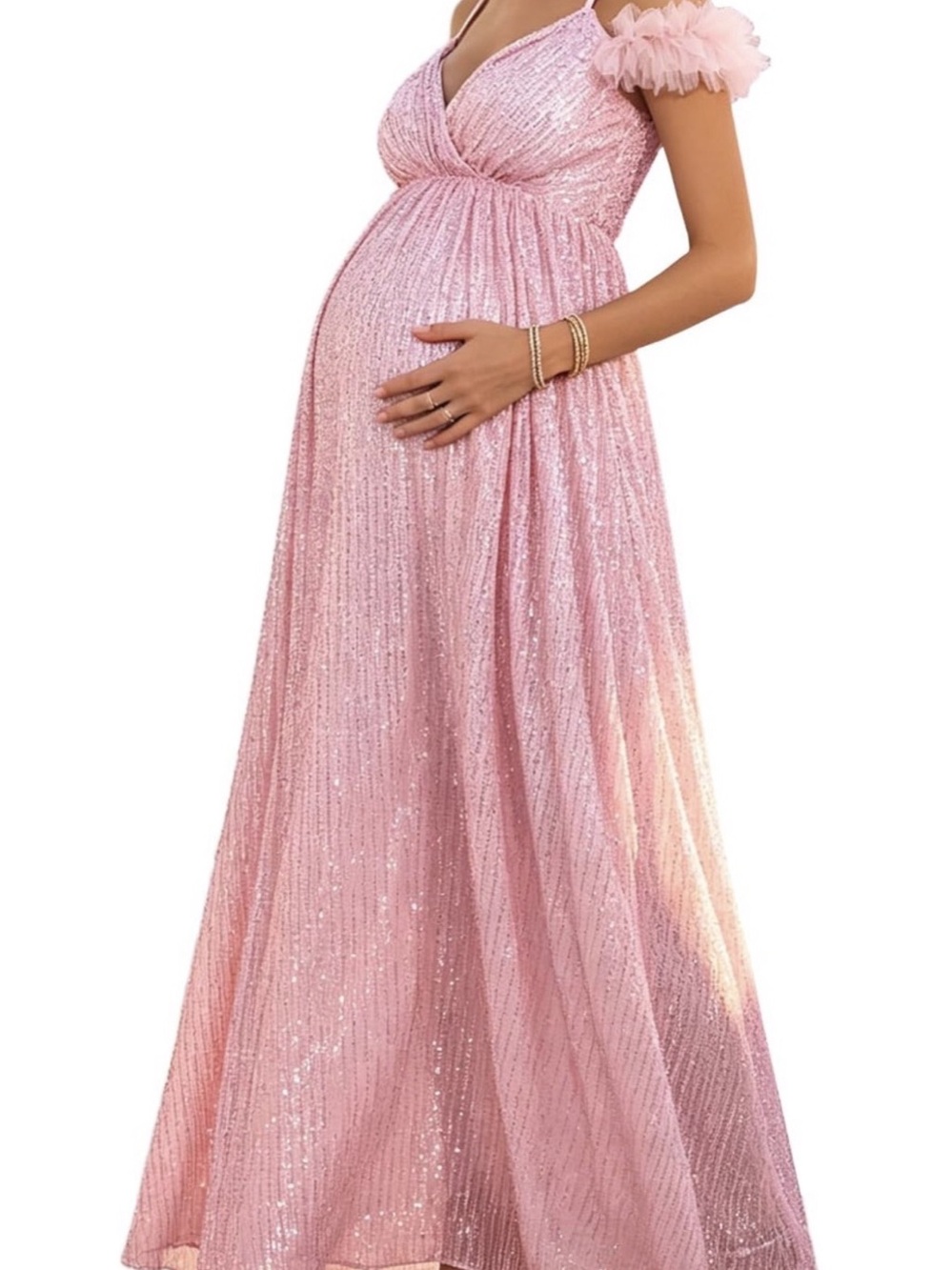 Maternity Off Shoulder Tulle Feather Sequin Maxi Dress size Medium NWT